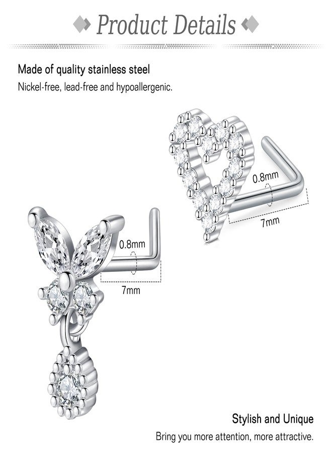 JFORYOU 6PCS 20G Dangle Nose Rings Studs Stainless Steel L Shaped Nose Studs Heart Butterfly CZ Nose Rings for Women Men Nostrial Piercing Jewelry Silver - Image 3